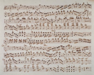 Pagina van muziekpartituur van eerste viool in Mithridate ouverture door Oostenrijkse componist Wolfgang Amadeus Mozart (1756-1791), 1770 door Austrian School